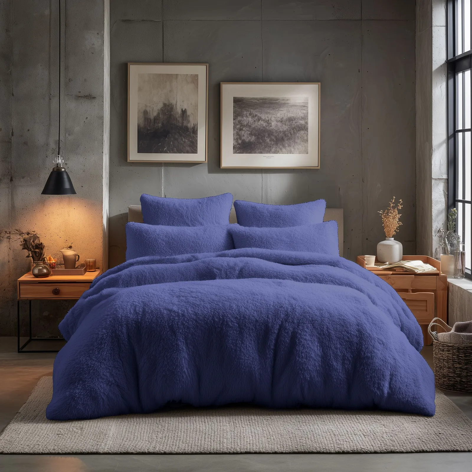 Snug City Teddy Bear Fleece Soft Cosy Duvet Cover + Pillow Case Set in Navy
