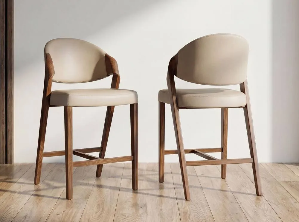 Angel Cerda Leatherette Stool with Walnut Legs in Beige 6