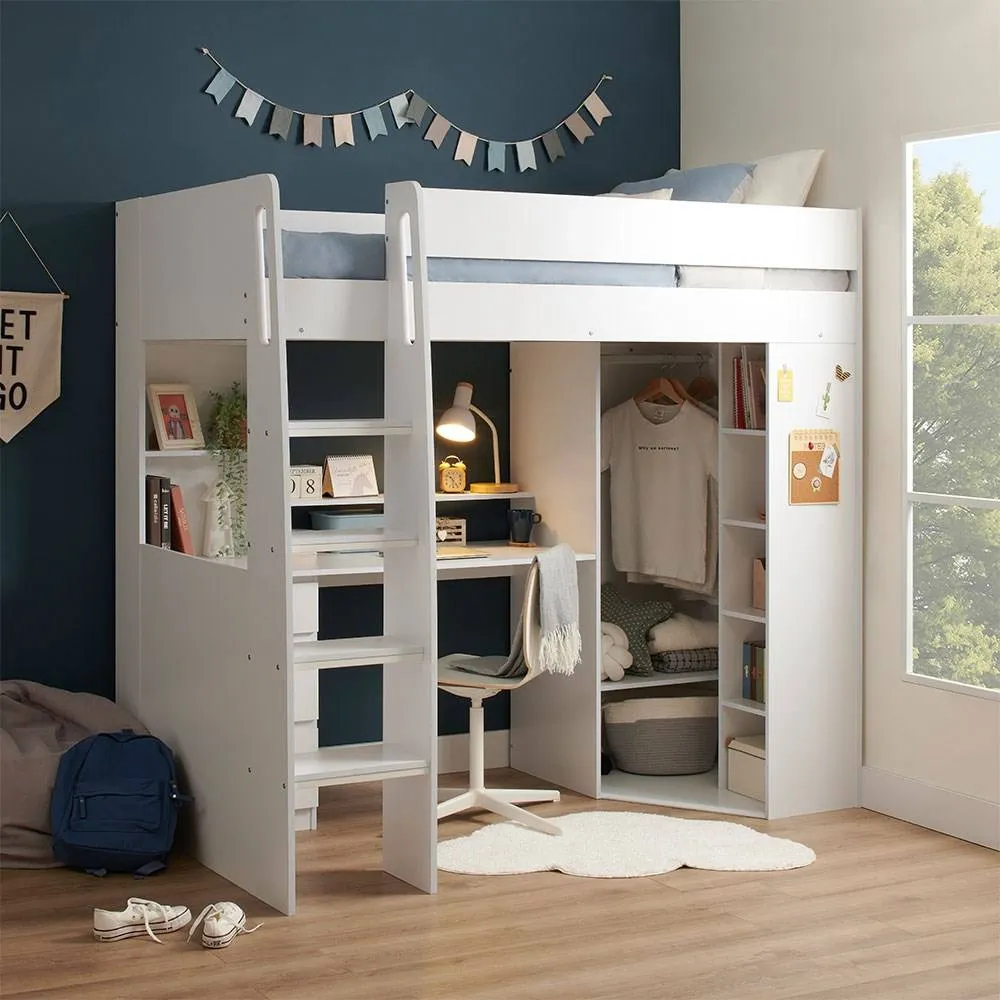 Flair Harper High Sleeper Bed with Desk, Wardrobe & Storage in White