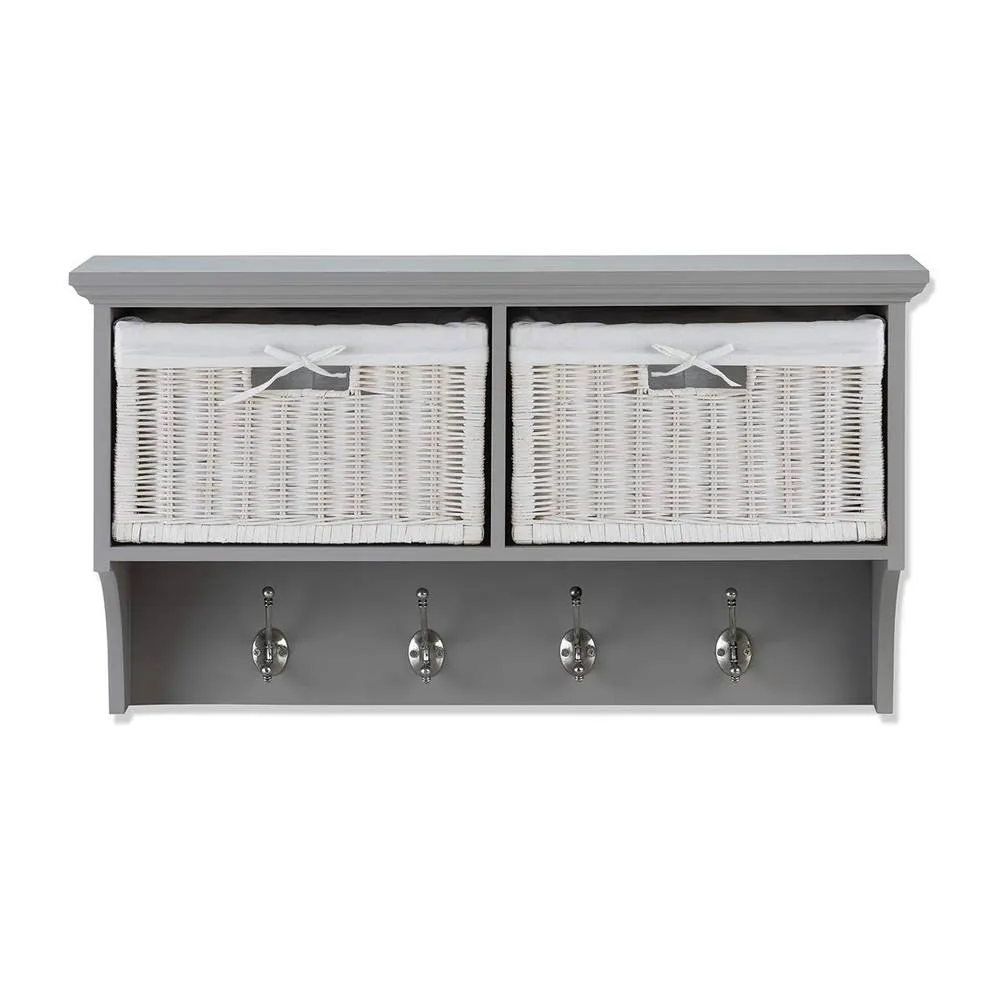 Statement Furniture Tetbury Small Hallway Coat Rack / Shelf with Wicker Storage Baskets in Light Grey 1
