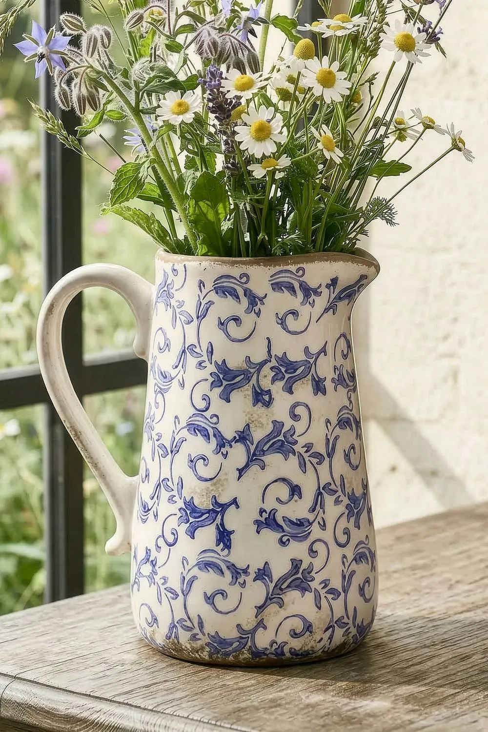 Dibor Vintage Solene Large Blue Botanical Home Decor Pitcher Jug H23 x W20cm in Cream