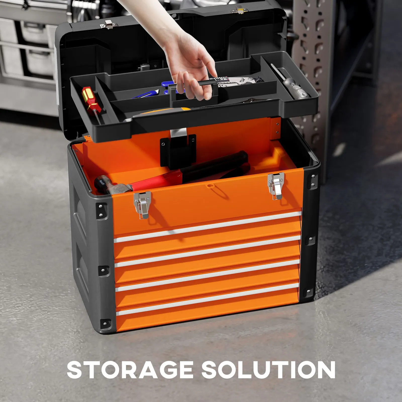 HOMCOM 4 Drawers Large Tool Box, Steel Toolbox with Handle, Orange 4