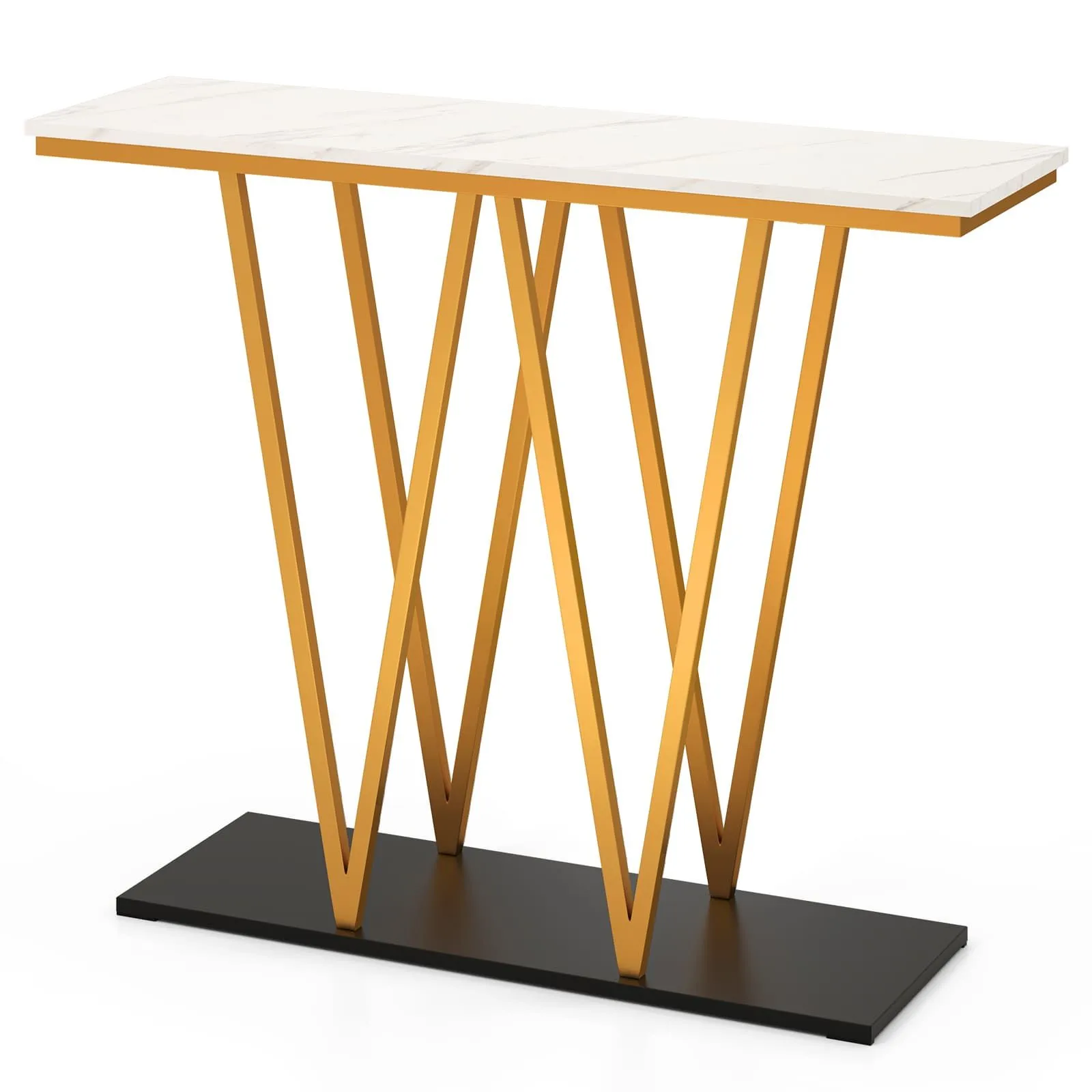 Costway Console Table 100cm Extra Long Entry Table w/ Faux Marble Top in White 6