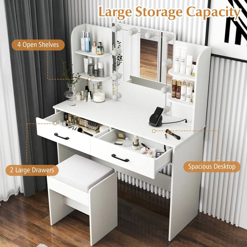 Costway Modern Vanity Desk Set Dressing Table & Chair Set w/Mirror & Lights in White 3