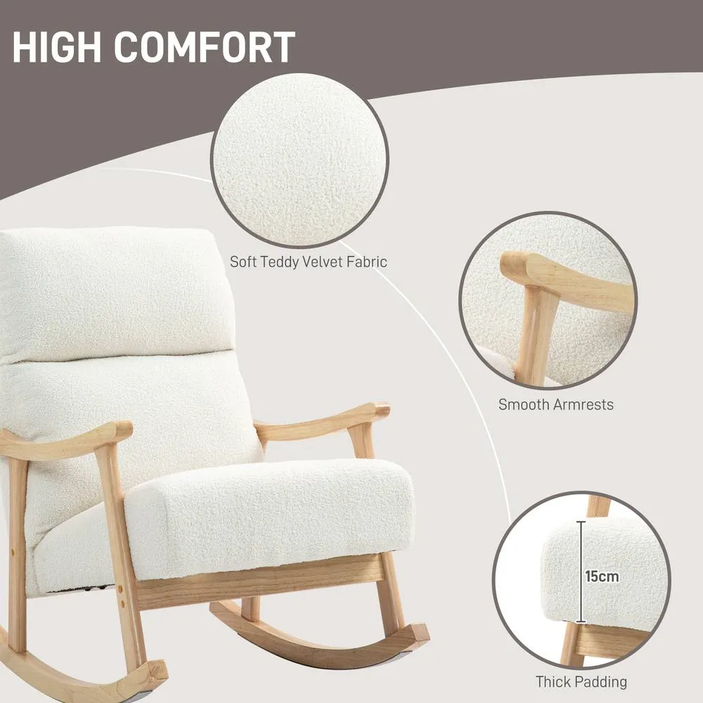 HOMCOM Rocking Chair, Teddy Fleece, High Back, Armrests, Cream White 6