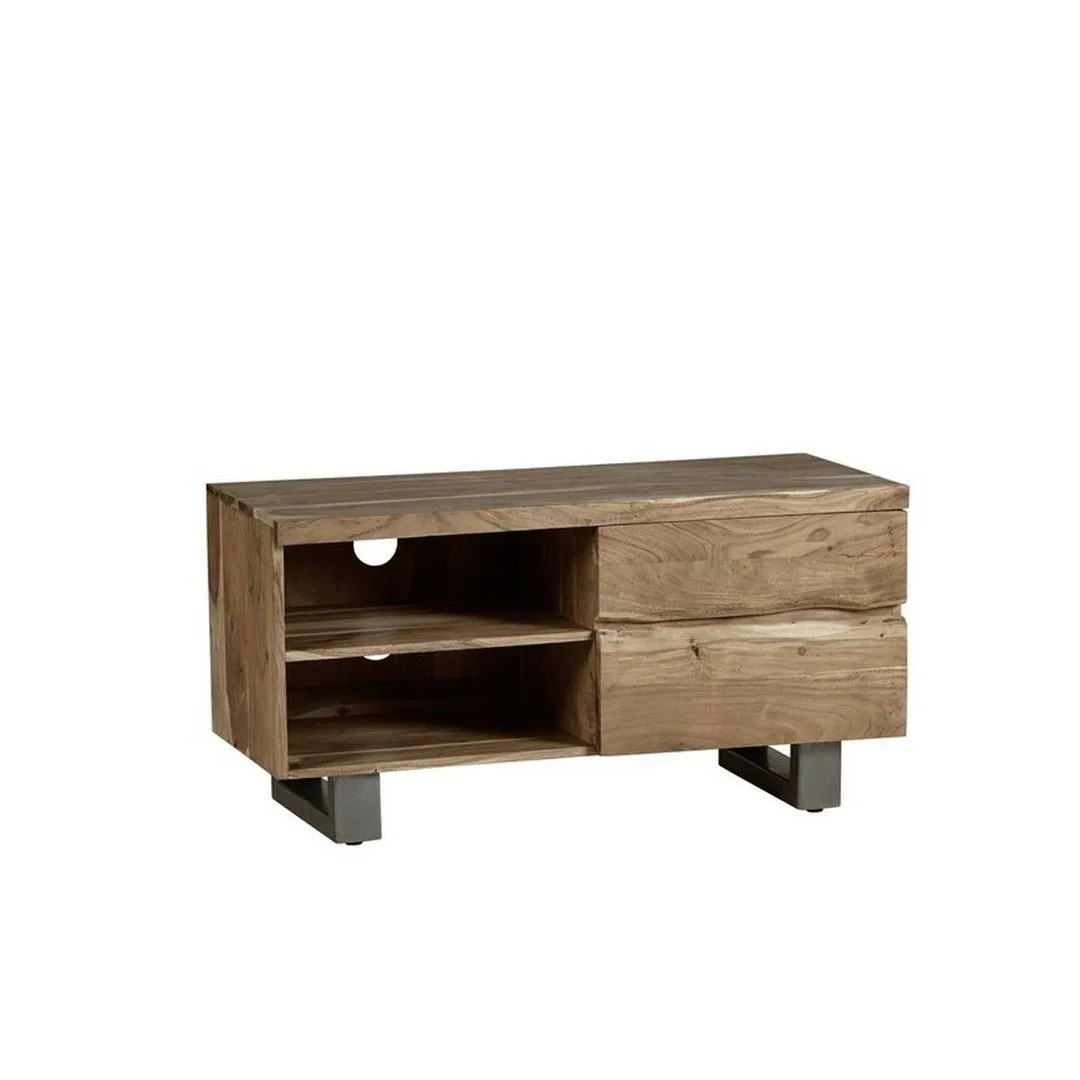 Indian Hub Baltic Live Edge 2 Drawer Small TV Stand - Metal/Acacia Solid Wood - L45 x W110 x H55 cm in Brown