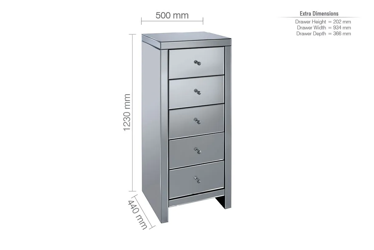 Birlea Seville 5 Drawer Narrow Chest Mirrored in Silver 6