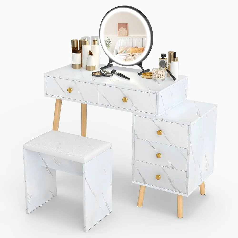 Costway Modern Vanity Desk w/Stool Makeup Vanity Set w/Mirror & 3 Modes Lights in White