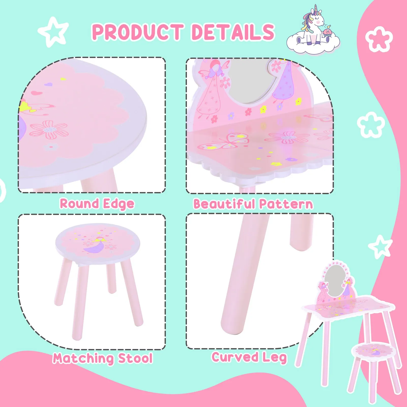 HOMCOM Make Up Play Set Desk Chair Mirror Girls Pink Dressing Table with stool MDF Pink 6