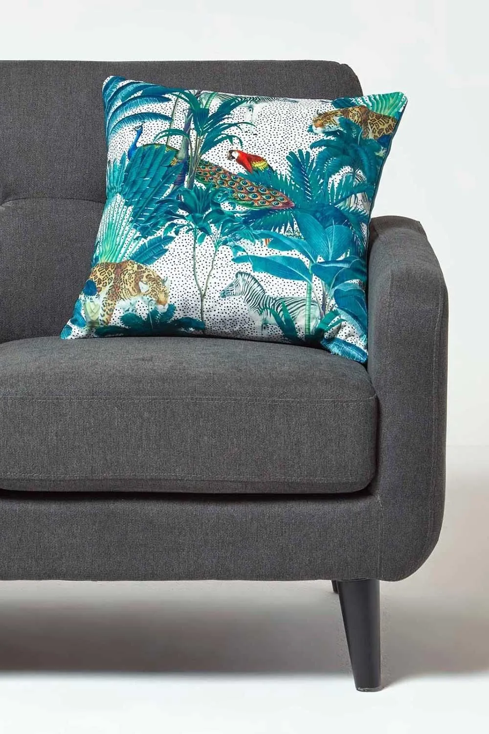 Homescapes Teal Jungle & Parrot Velvet Cushion 46 x 46 cm 3