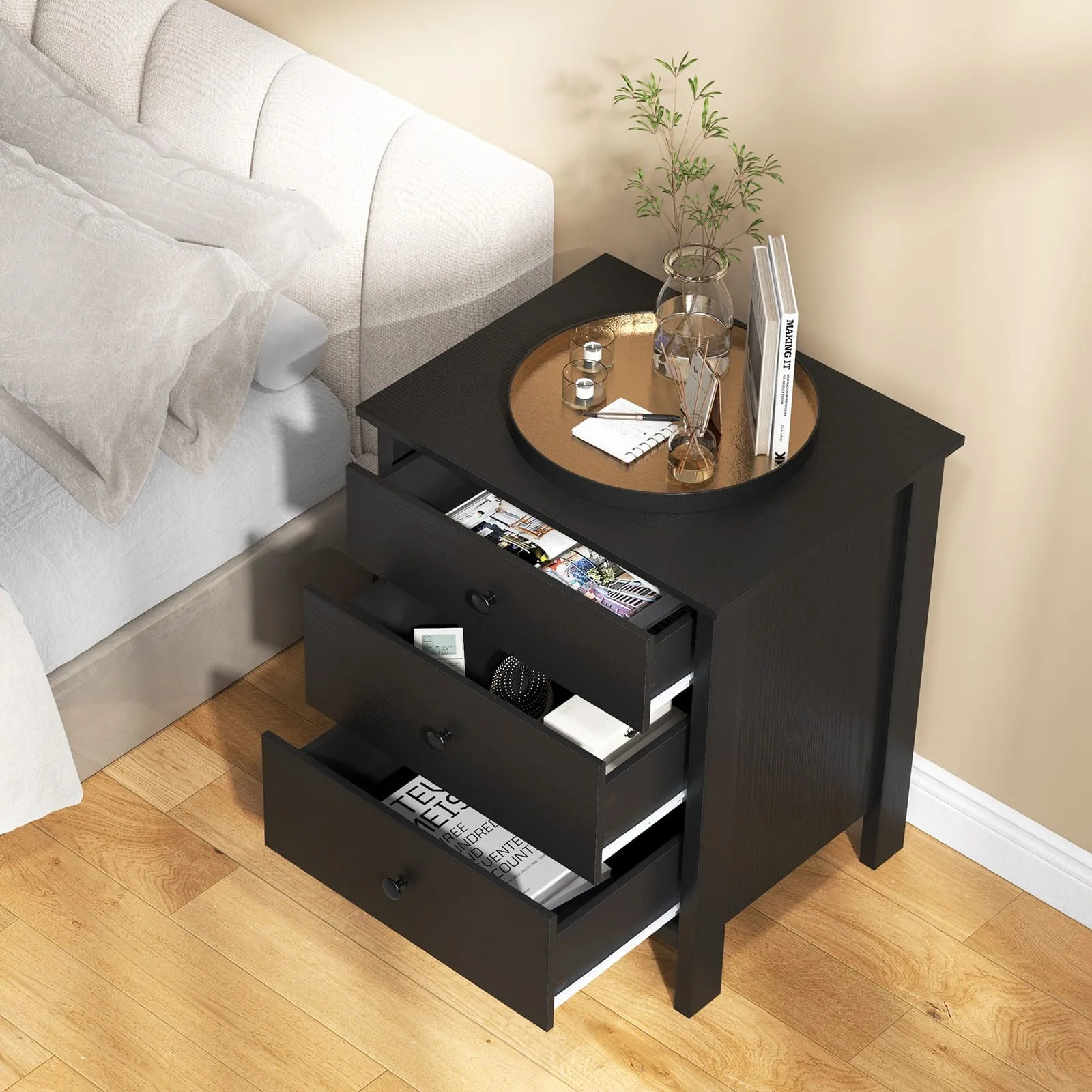 Costway Bedroom Nightstand Compact Storage Chest w/ 3 Drawer-Black in Black 4