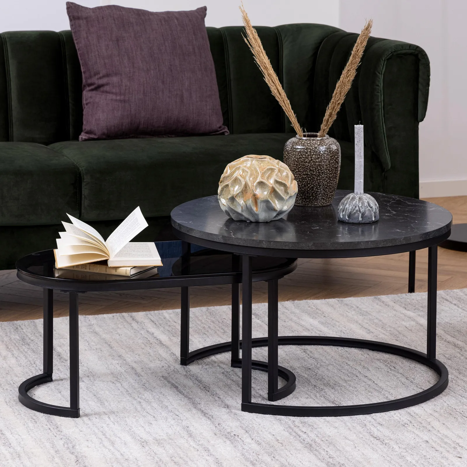 Furniture To Go Spiro Round/Oval Coffee Table Set with Black Marble/Smoked Melamine Glass Top 3