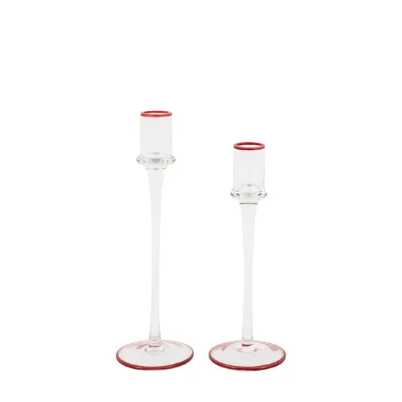 Set of 2 Red Rim icicle Glass Candle Stick Holders 4