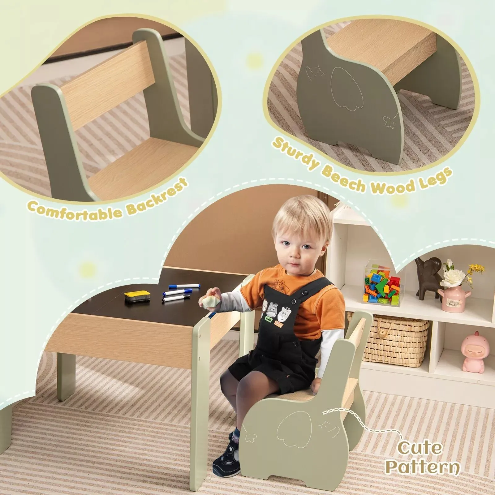 Costway Wooden Table & Chair Set Activity Desk 2 Chairs with Reversible Blackborad in Green 3