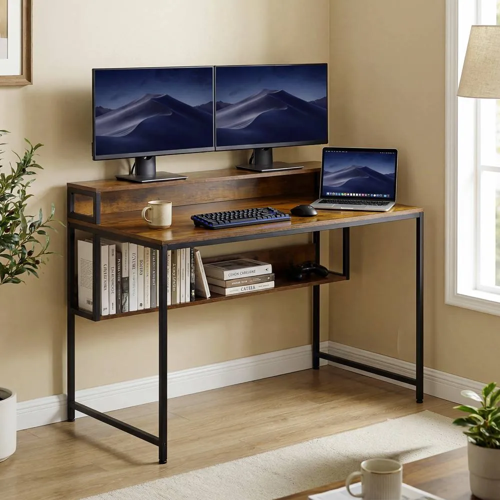 Costway 120 CM Office Desk with Monitor Stand Computer Desk with Storage Shelf in Brown 3