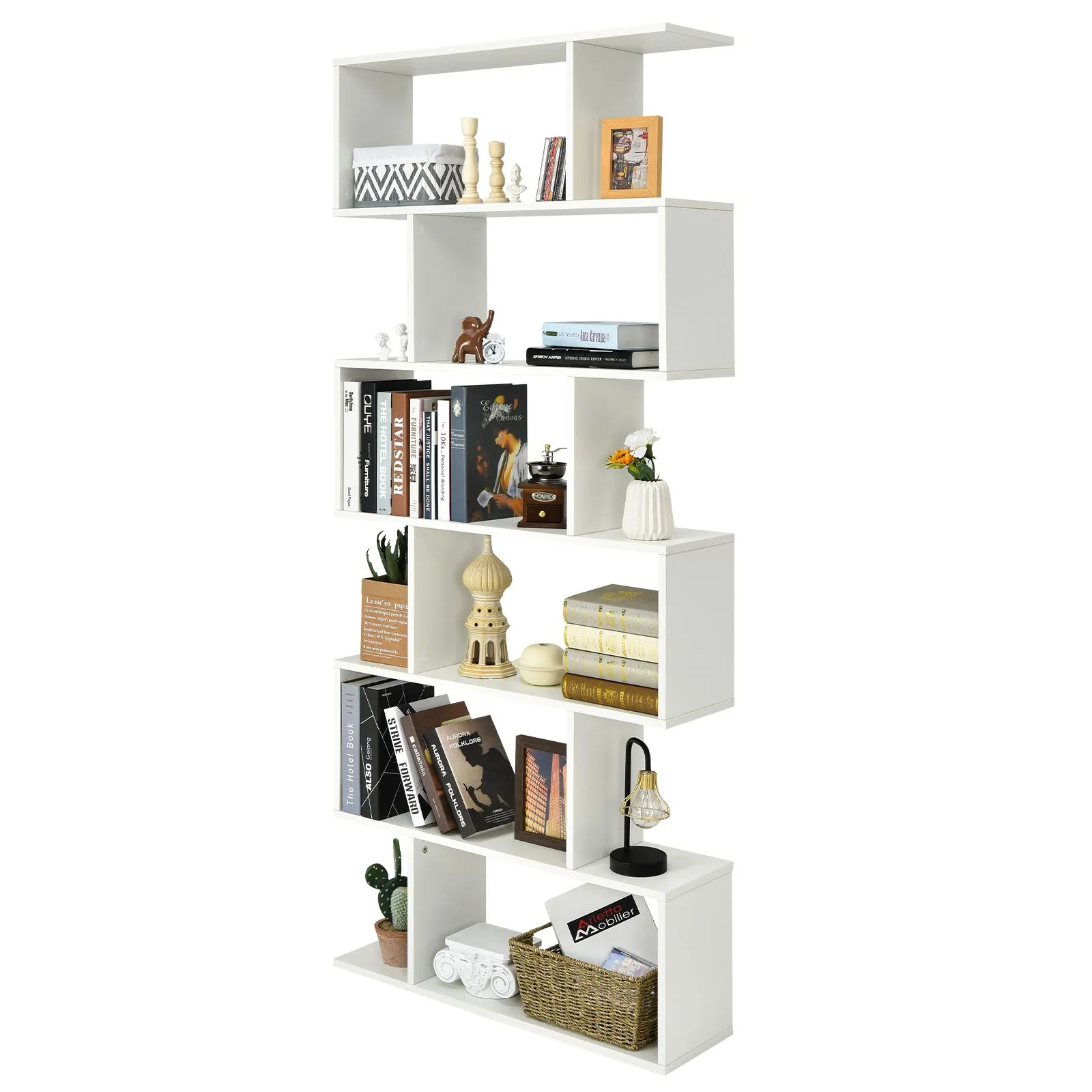 Costway 6-tier Bookcase Industrial S-Shaped Bookshelf Wooden Storage Display Rack in White