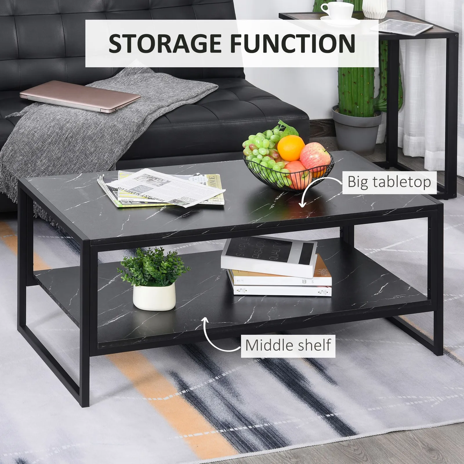 HOMCOM Elegant Two Tier Marble Effect Coffee Table Metal Frame in Black 4