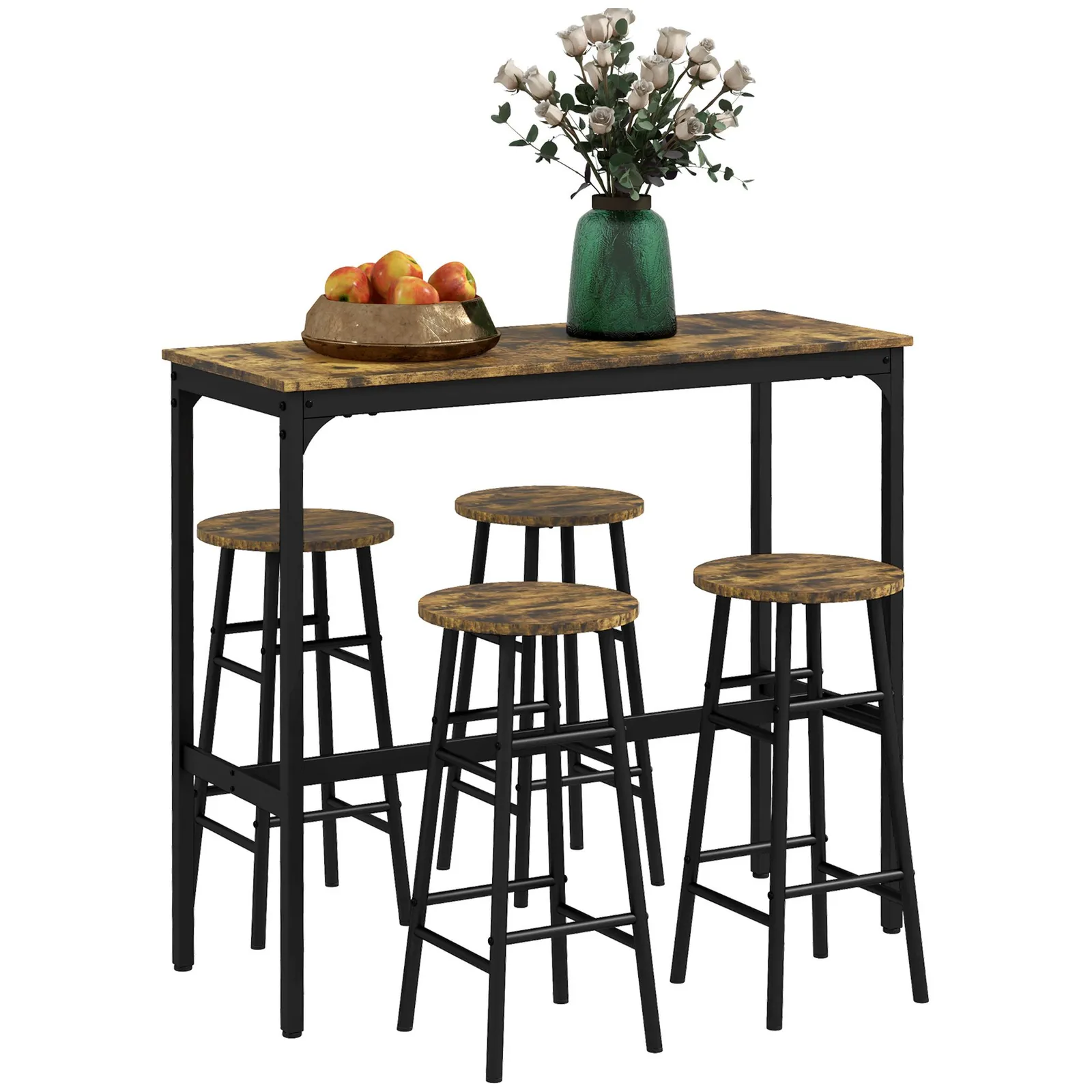 HOMCOM 5 Piece Bar Set, Industrial Kitchen & Chair Set Rustic Brown 2