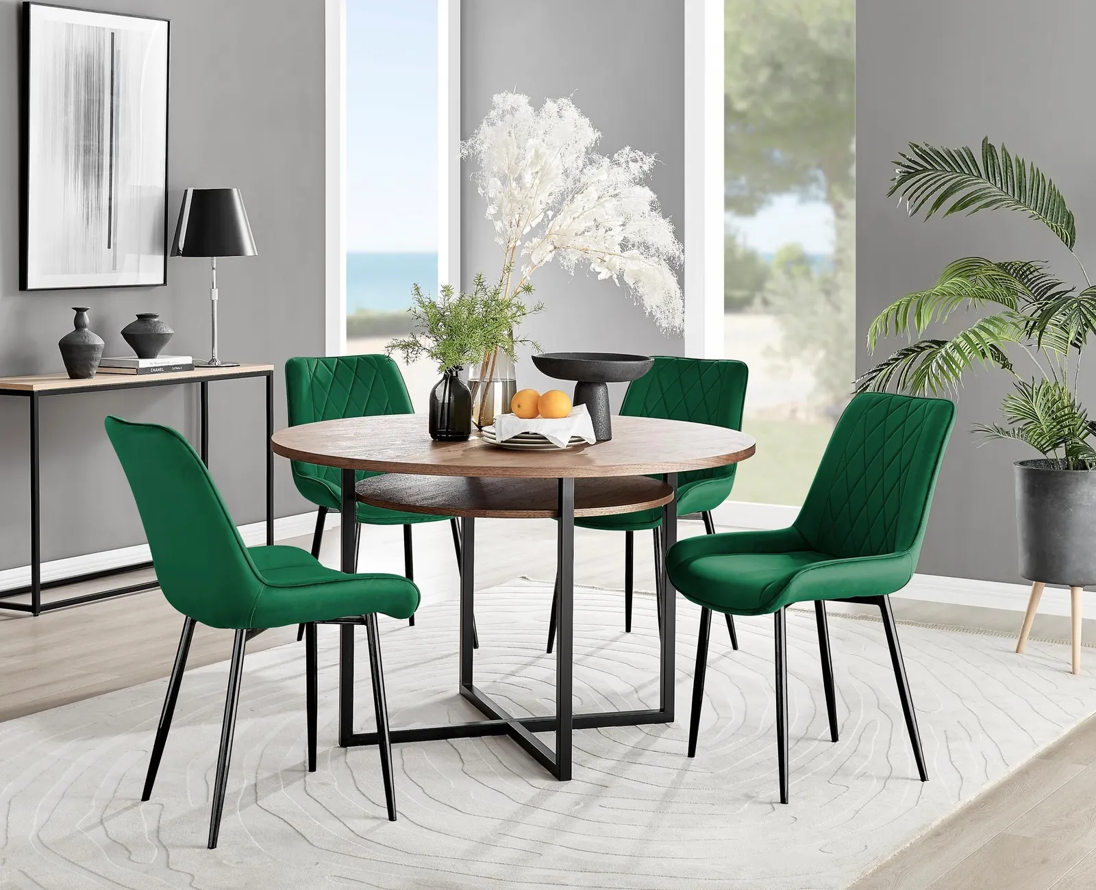 FurnitureboxUK Adley Brown Wood Storage Dining Table & 4 Pesaro Black Leg Chairs in Green