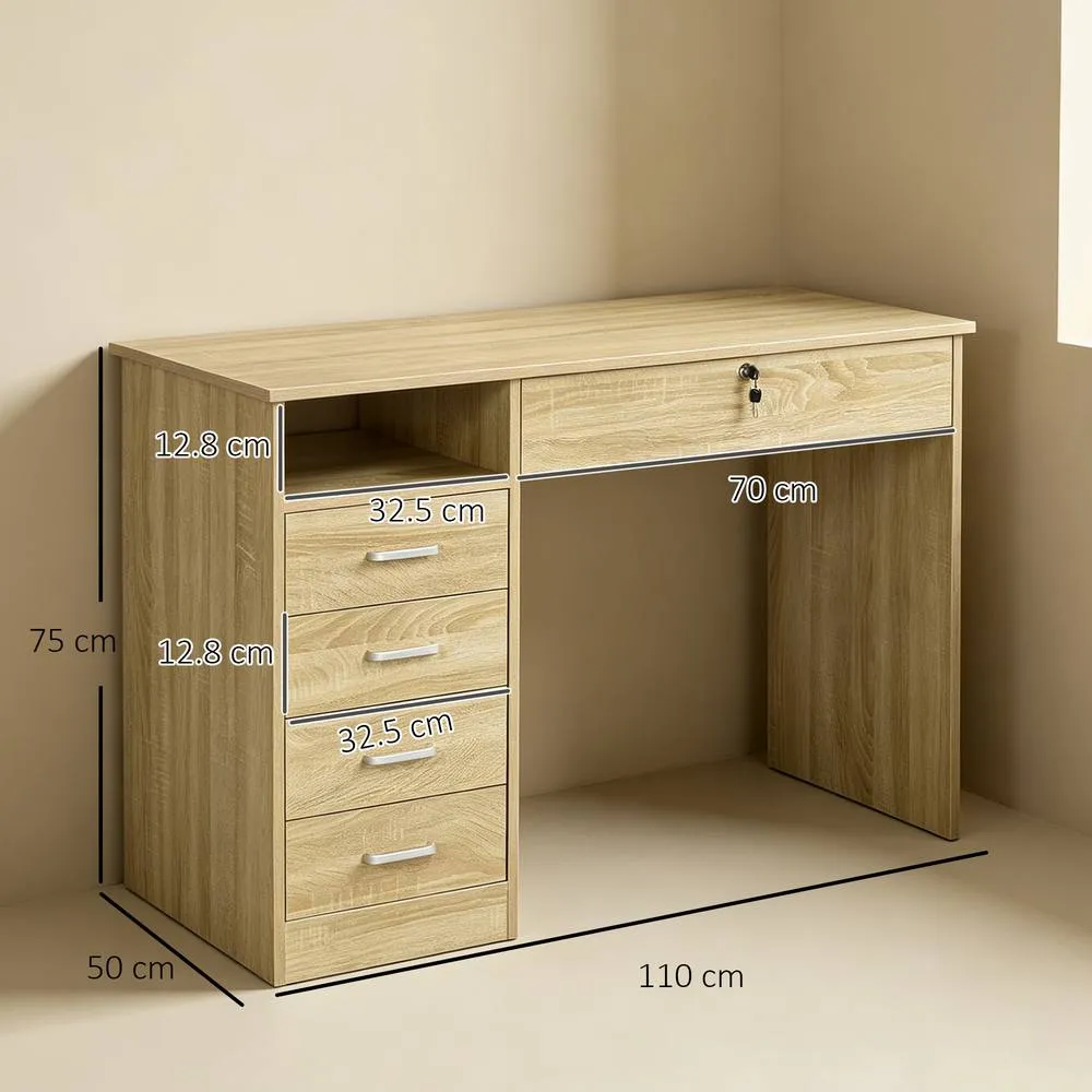 HOMCOM Computer Desk Writing Desk with Five Drawers for Home Office Oak in Brown 3