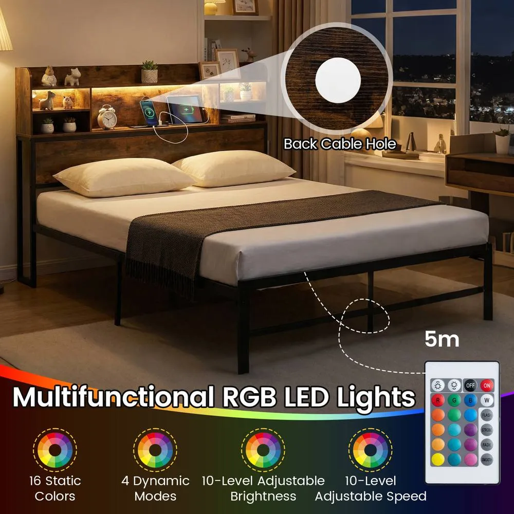 Costway Double Size Bed Frame w/LED Lights&Charging Station Metal Platform Bed in Brown 6