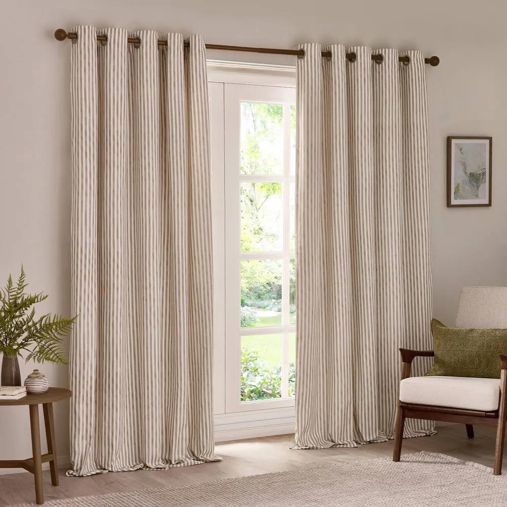 Yard Hebden Striped 100% Cotton Lined Eyelet Curtain Pair in Natural 2
