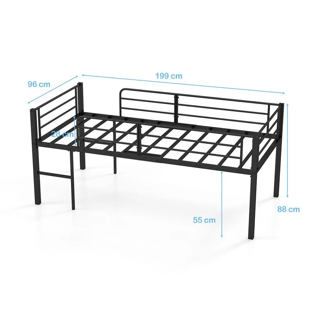 Costway Single Size Low Loft Bed Metal Bed Frame w/ Guardrails & 2 Ladders in Black 2