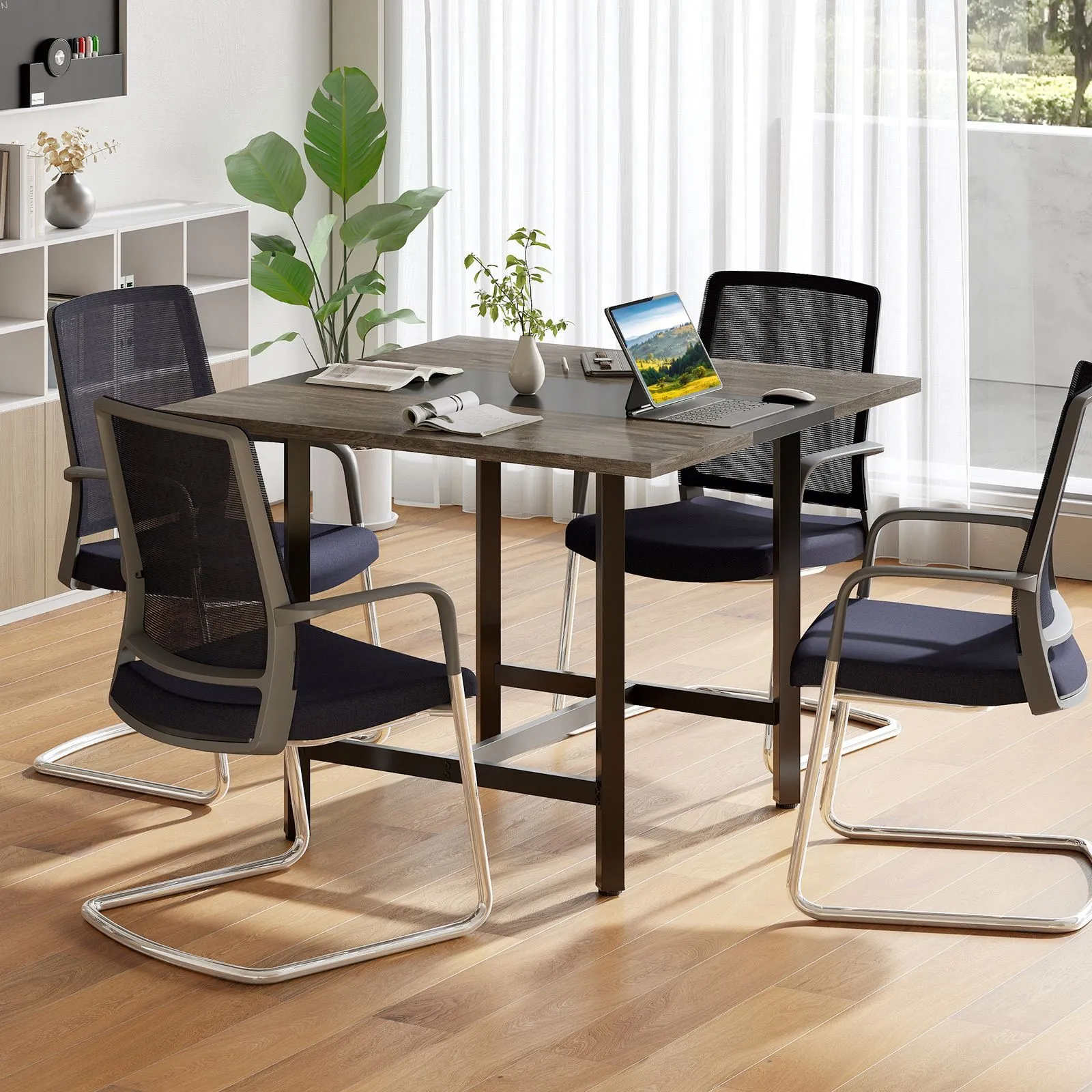 Costway 100CM Square Conference Table Meeting Room Table in Grey 3
