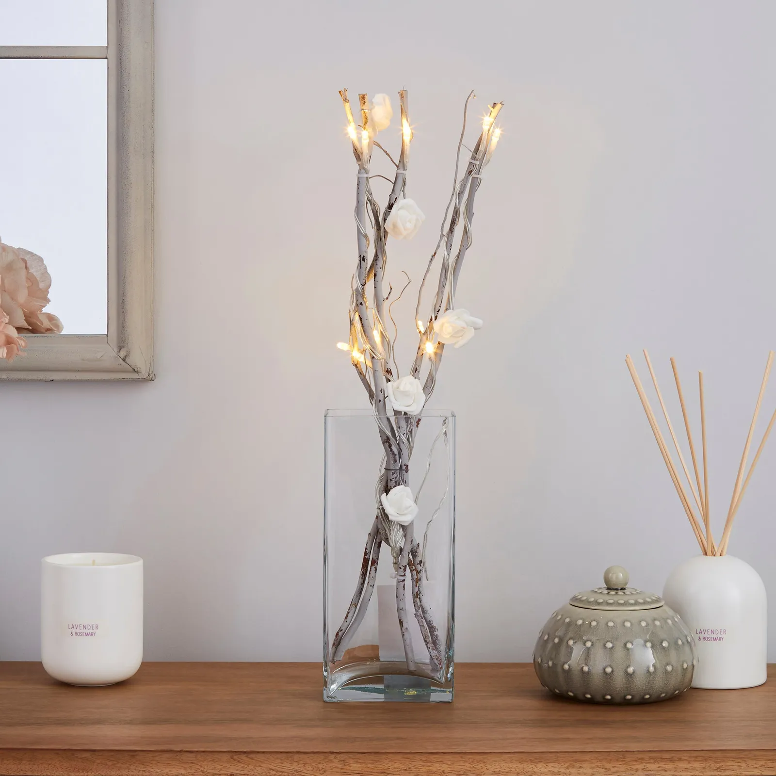 White Rose Silver Twig Lights White