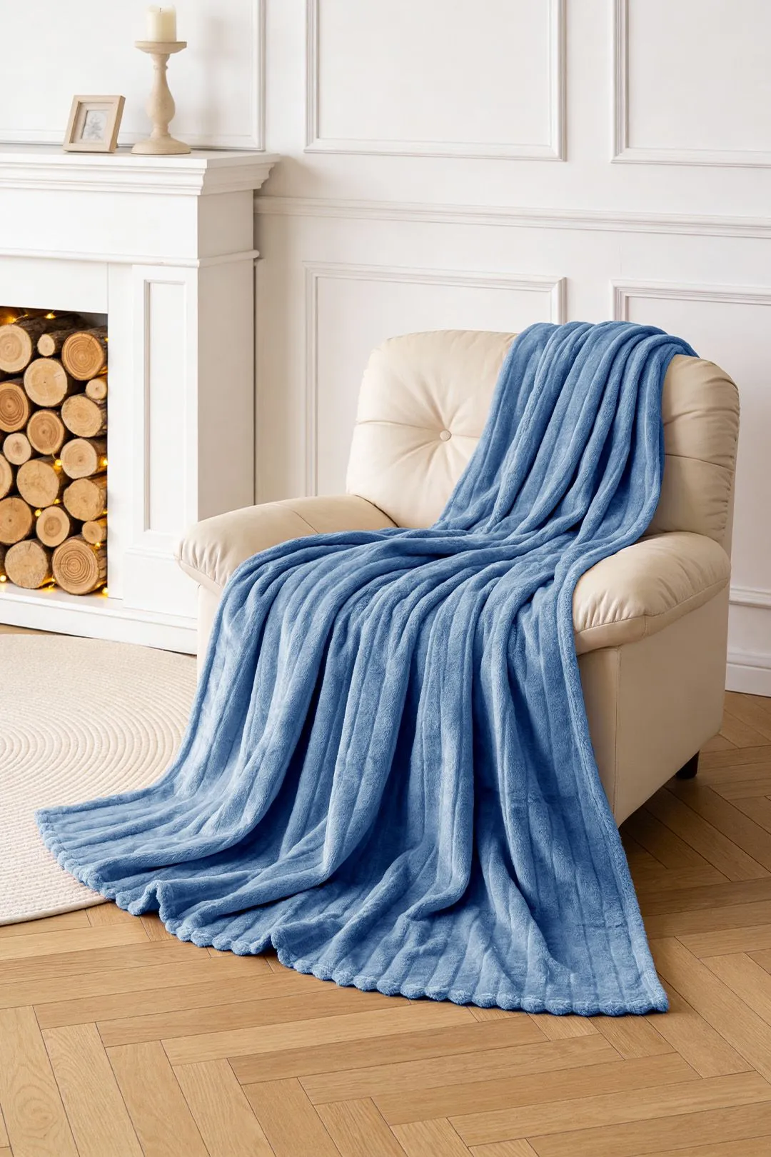 Living and Home Reversible Fluffy Striped Throw Blanket in Blue