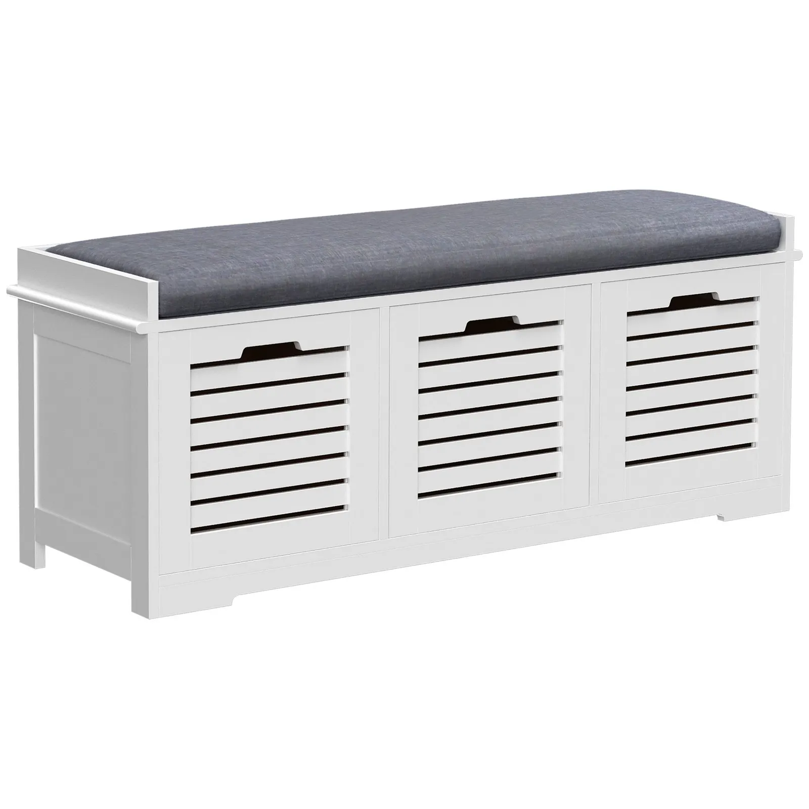 HOMCOM 3 Door Shoe Storage Bench with Cushion Seat Slatted Door Elevated Base in Grey 2