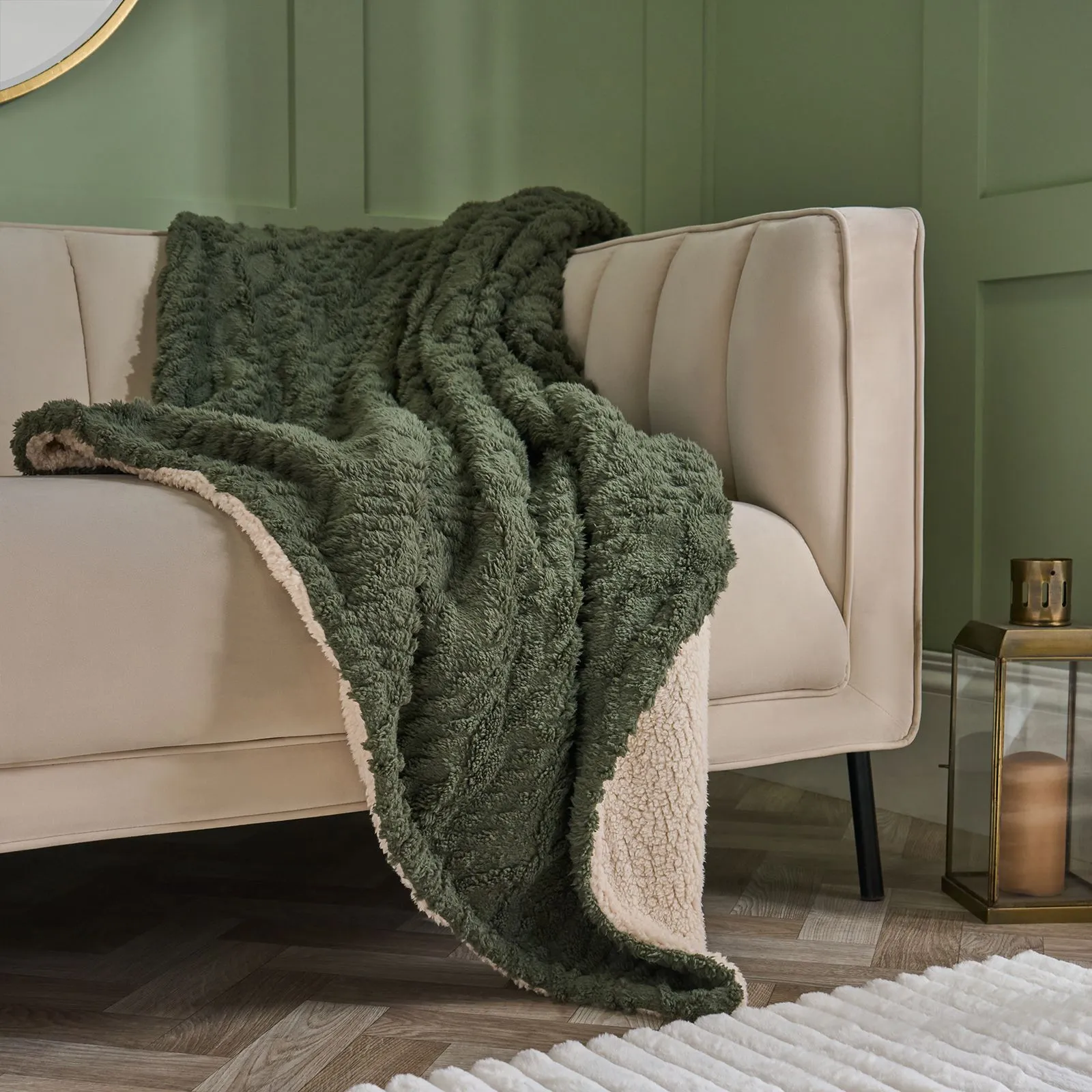 OHS Cable Knit Ultra Soft Sherpa Fleece Throw Reversible Bed Blanket in Green