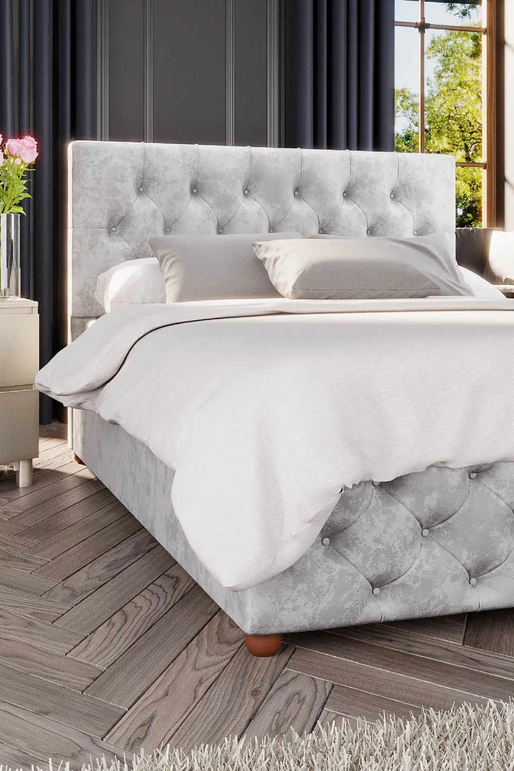 Laurence Llewelyn-Bowen Luna Ottoman Storage Bed in Mirazzi Velvet Fabric, Custom Made in Silver 3