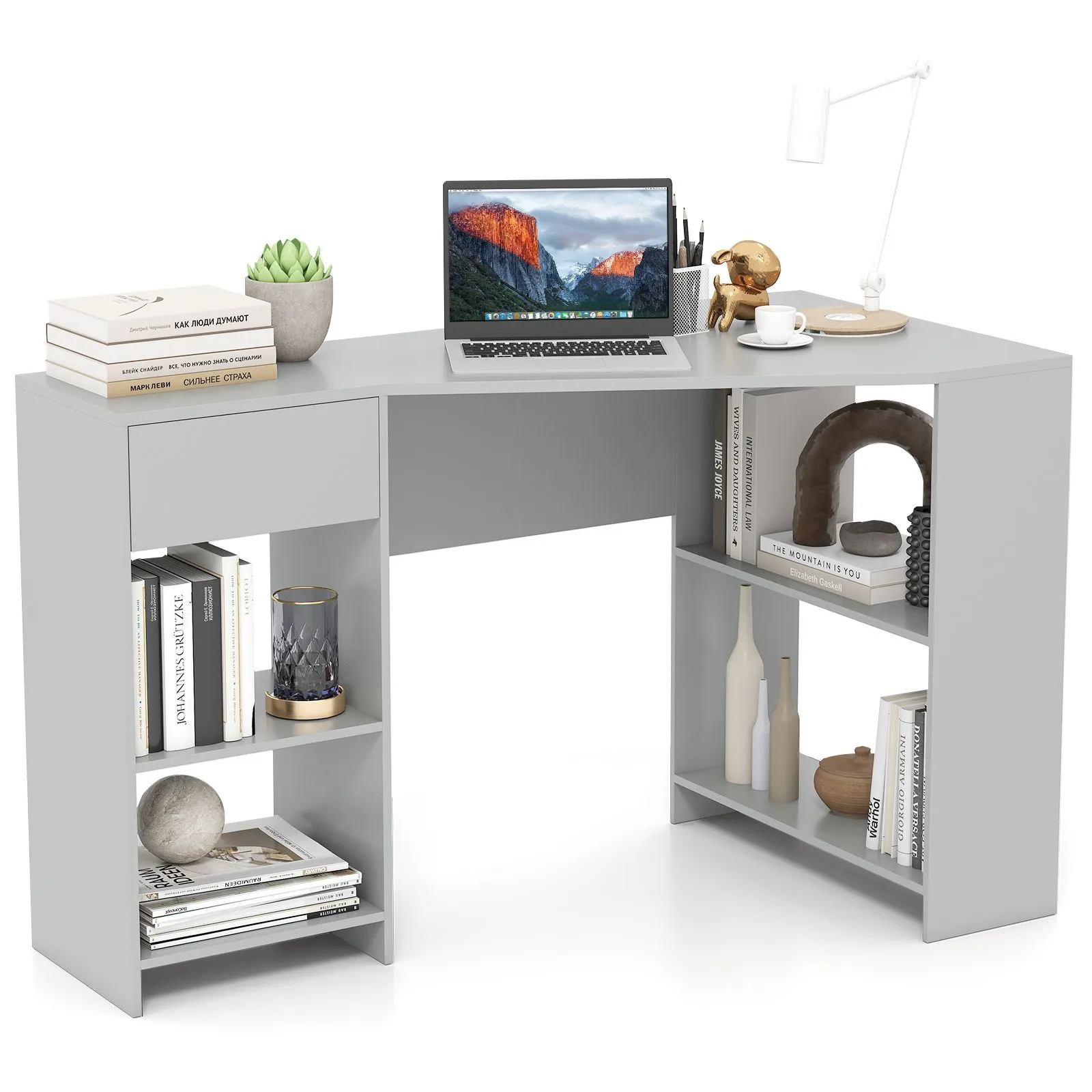 Costway L-Shaped Computer Desk Compact Corner Executive Desk w/Storage in Grey