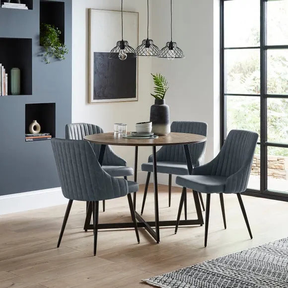 Brayden 4 Seater Round Dining Table with 4 Shea Navy Faux Leather Dining Chairs