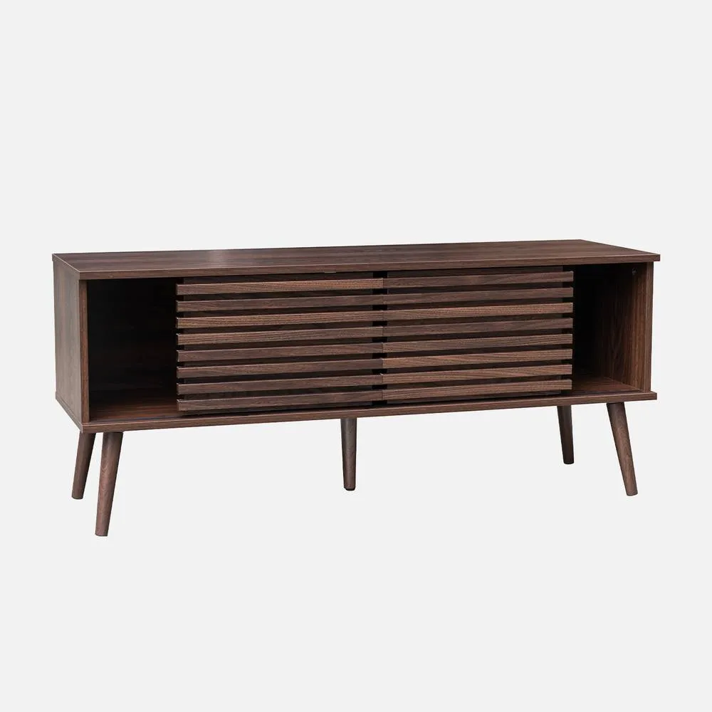sweeek 120 Cm Scandinavian Tv Unit Grooved Wooden Effect 2 Doors in Dark Brown 3