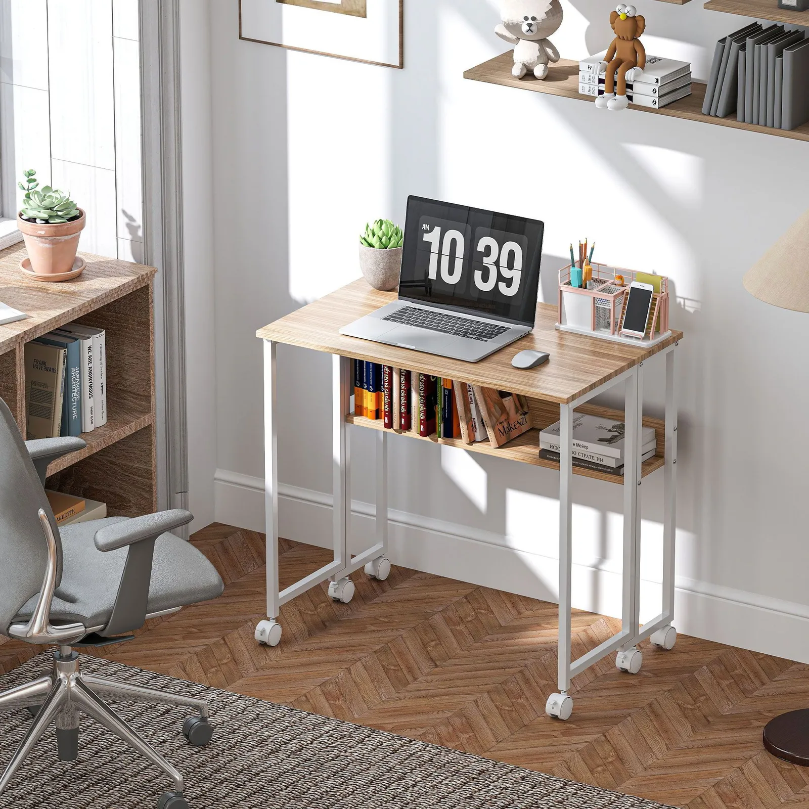 HOMCOM 80 cm Foldable Computer Desk on Wheels for Small Spaces Natural