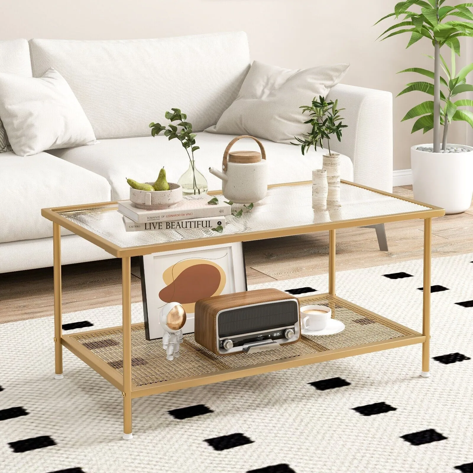 Costway 2-Tier Coffee Table Rectangle Cocktail Accent Table with Tempered Glass Top in Gold 3