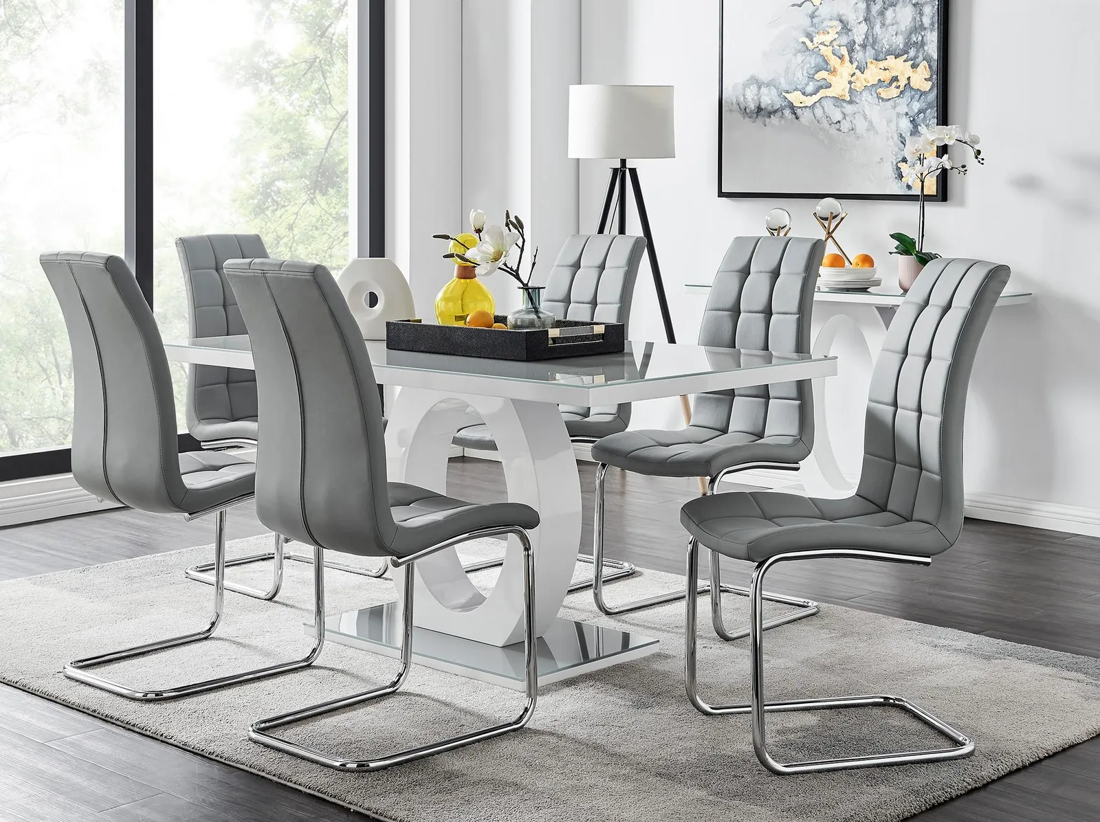 FurnitureboxUK Giovani 6-Seater Grey Glass Dining Table & 6 Murano Faux Leather Dining Chairs