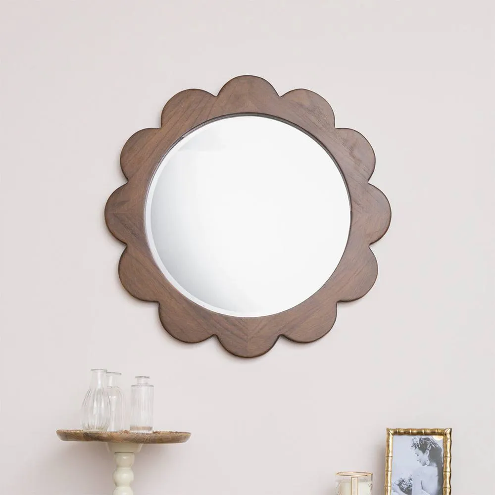 Melody Maison Dark Wood Scalloped Edge Bevelled Wall Mirror - 70cm in Brown 6