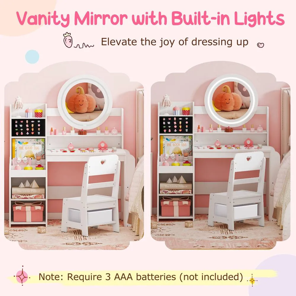 Costway Princess Pretend Play Dressing Table & Chair Set with Open Storage in White 6