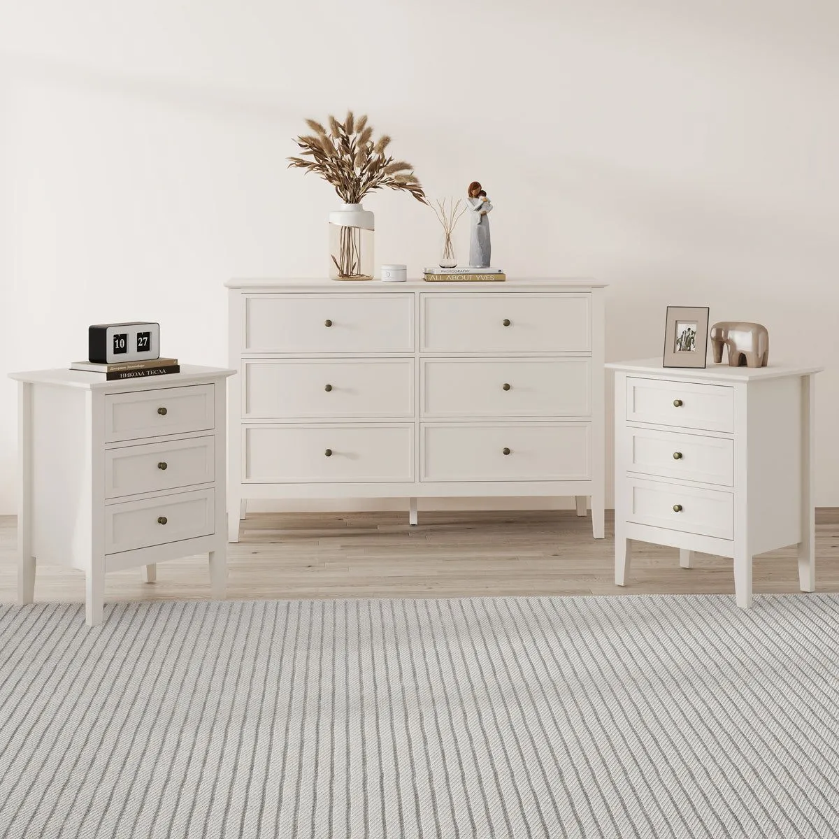 Melody Maison Large 6 Drawer Chest Of Drawers & Pair Of 3 Drawer Bedside Tables - Rowley Pale Cream Range