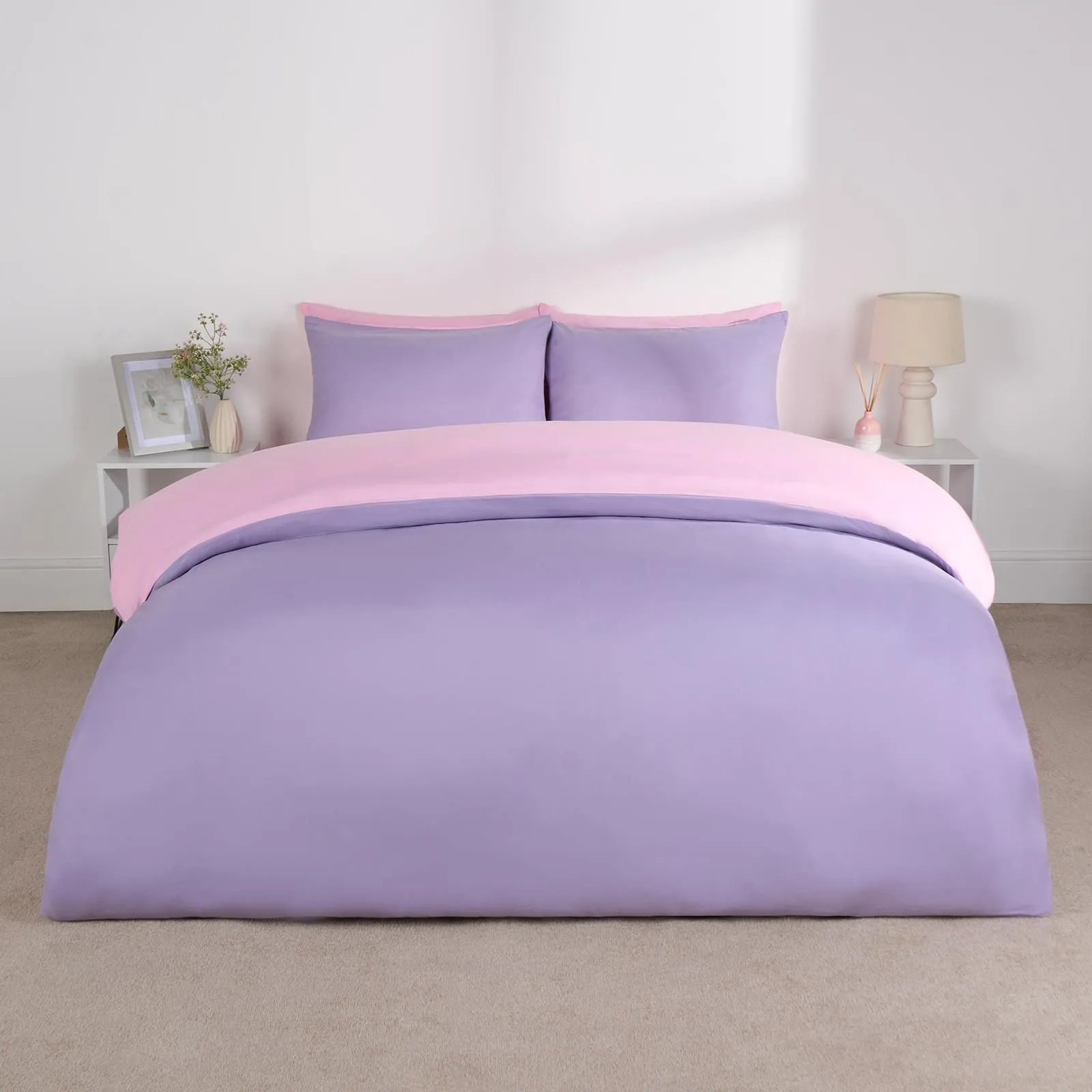 OHS Plain Reversible Duvet Cover With Pillowcase Set in Lilac