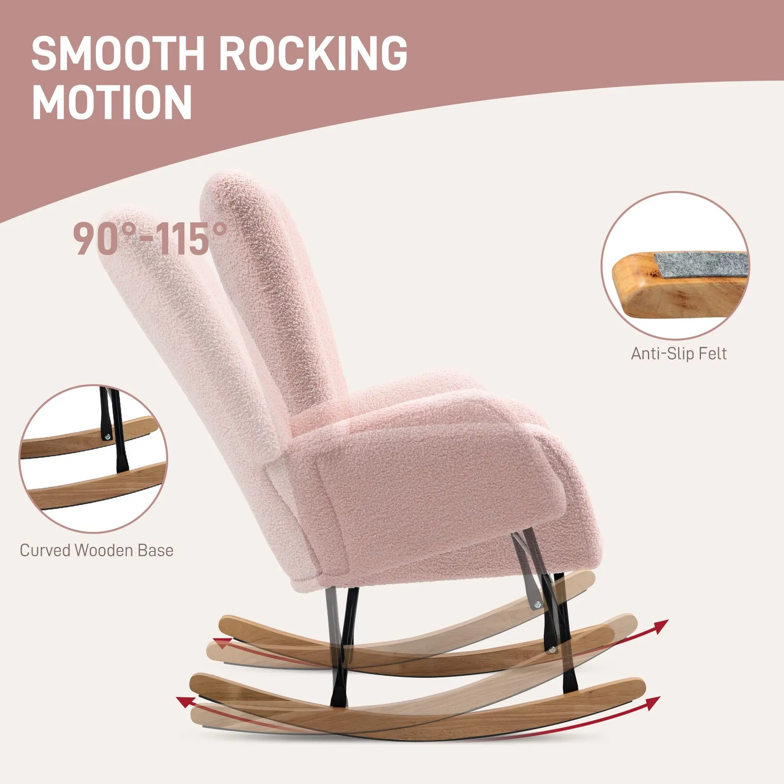 HOMCOM Rocking Chair, Modern Armchair with Backrest for Bedroom in Light Pink 4