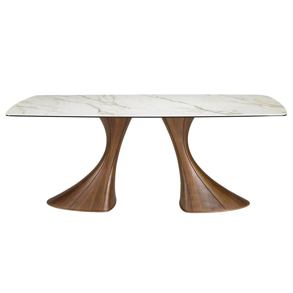 Angel Cerda Model Oval Porcelain Marble Dining Table with Walnut in White 2