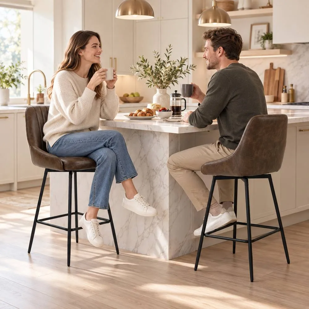 HOMCOM Vintage Bar Stools Set of 2, PU Leather, Footrest, Dark Brown 2