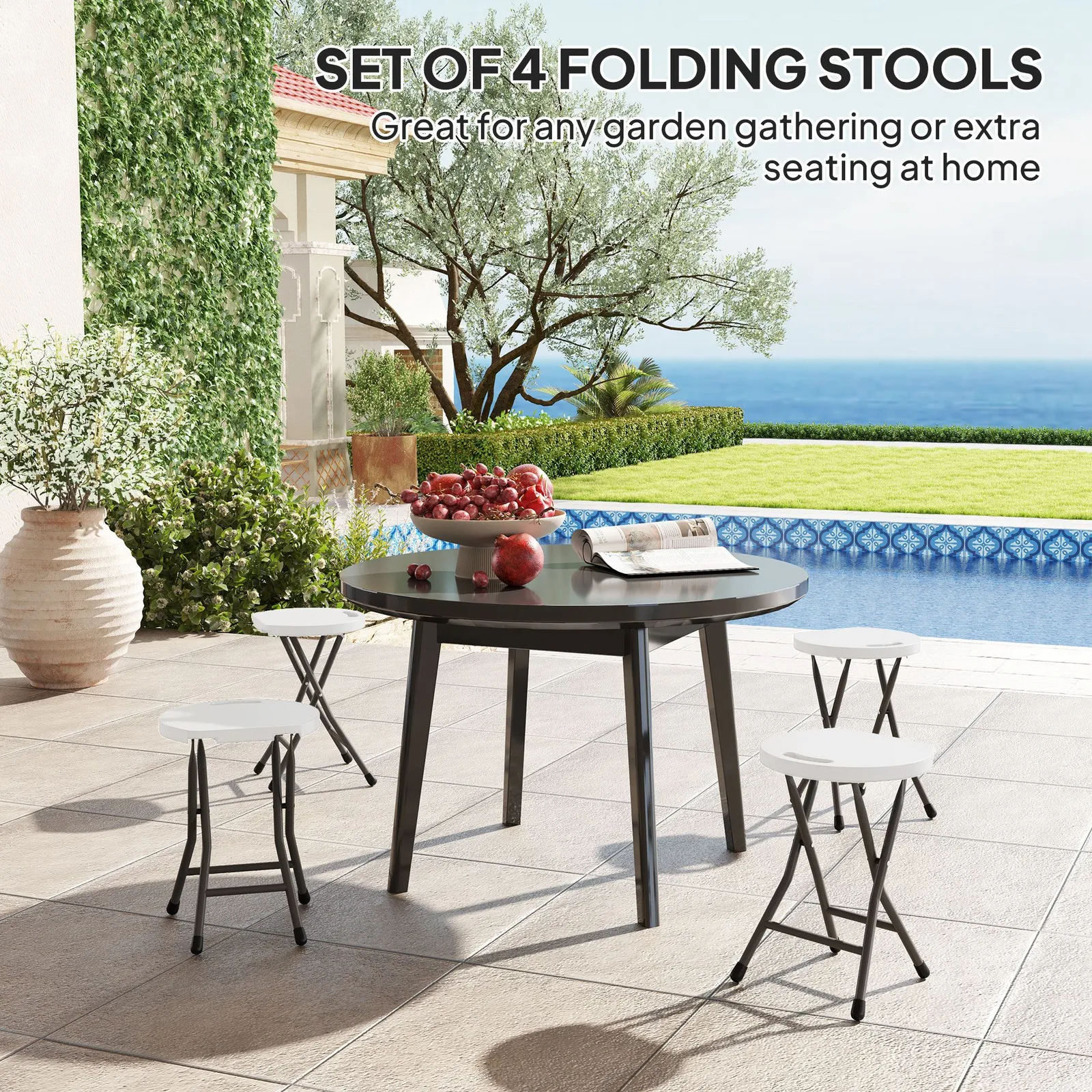 OUTSUNNY Folding Stool Set of 4, Decorative Garden Stool Set, White 4