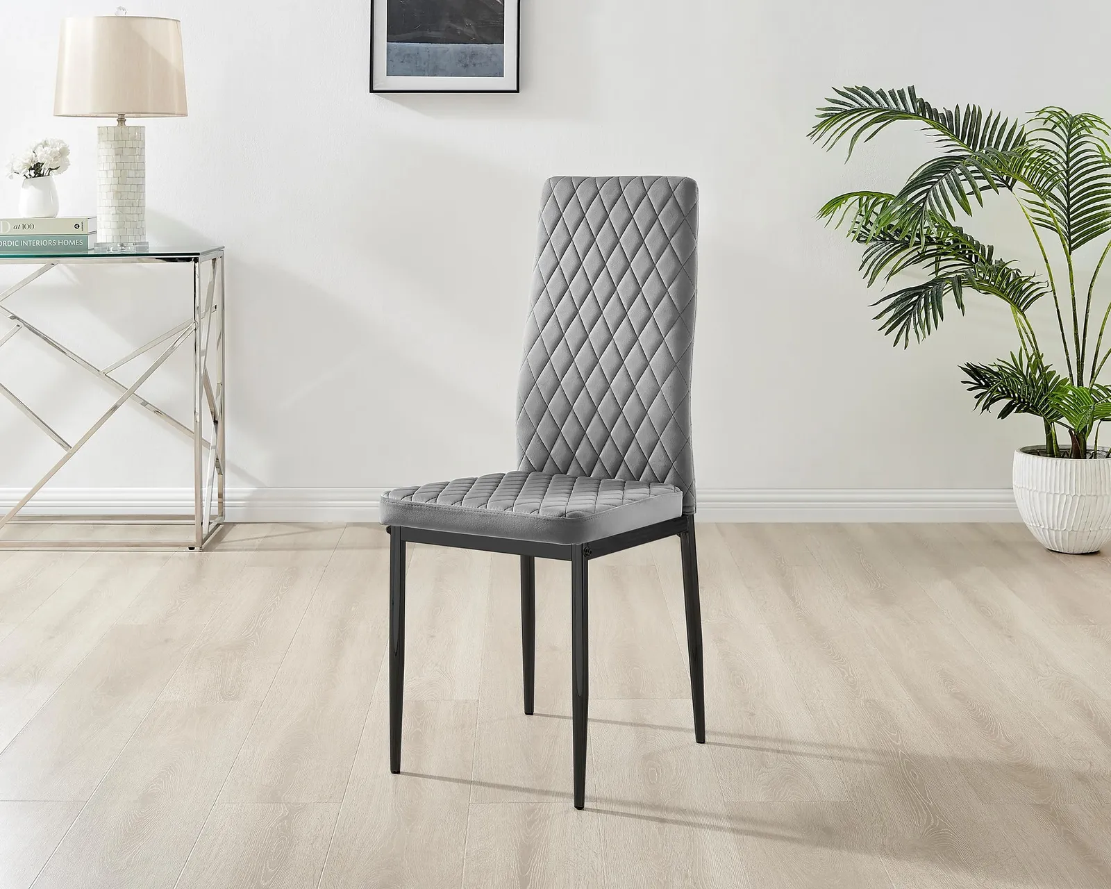 FurnitureboxUK Set of 4 Milan High Back Soft Touch Diamond Pattern Velvet Dining Chairs With Black Powder Coated Metal Legs in Grey 3