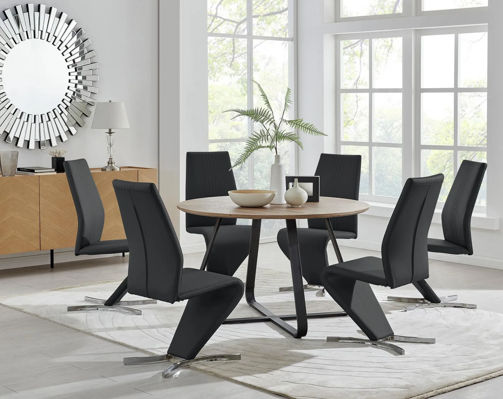 FurnitureboxUK Santorini Brown Wood Effect Dining Table & 6 Willow Chairs in Black 1