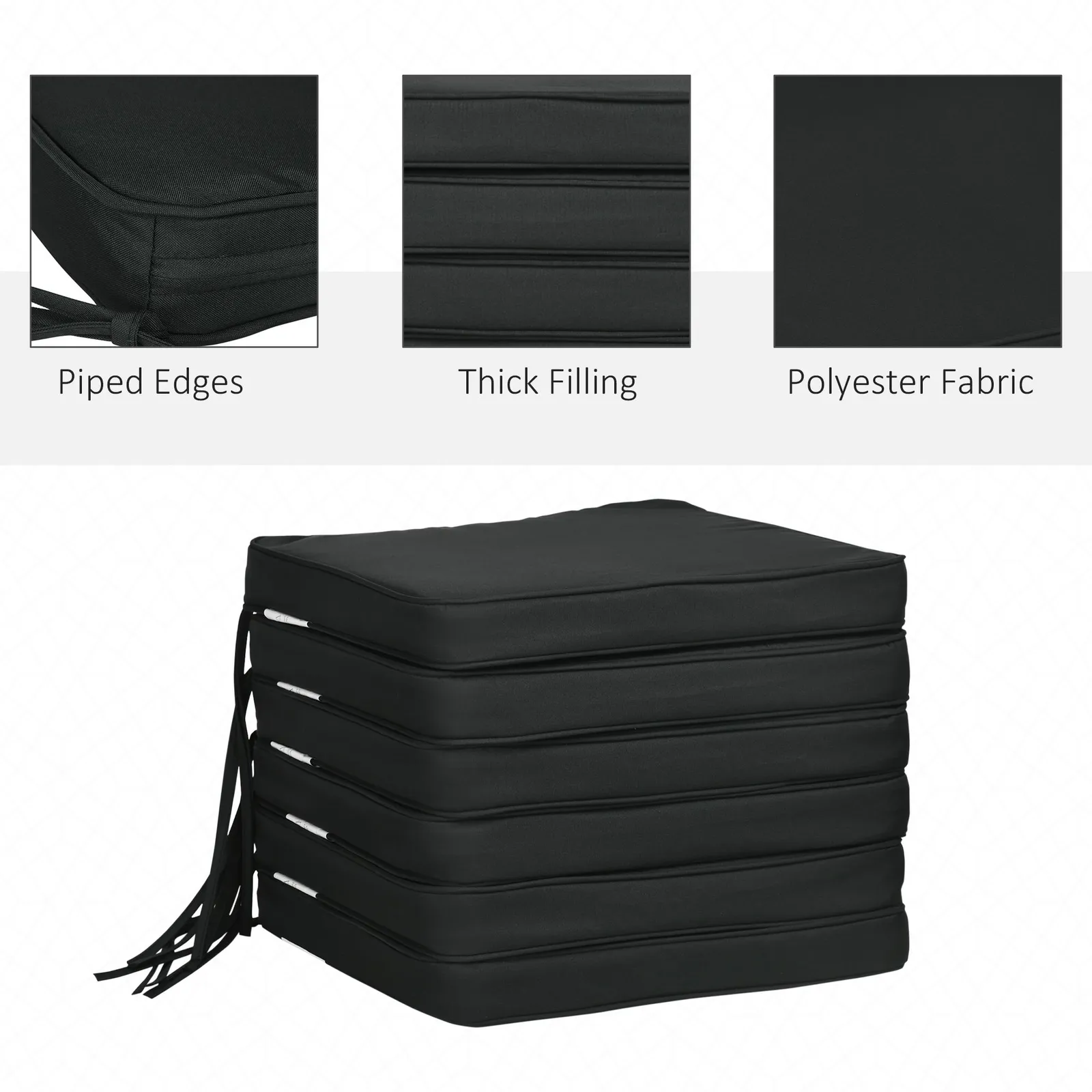 OUTSUNNY Set of 6 Chair Cushion Seat Pads Dining Chair w/ Straps in Black 4